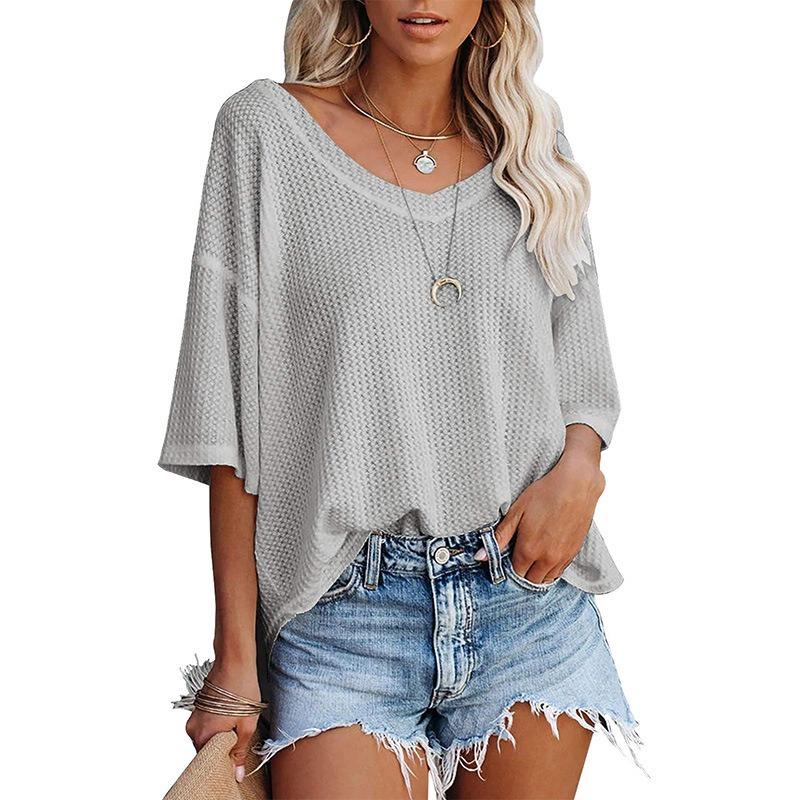 Summer Women V-Neck T-Shirt Waffle Casual Loose Short Sleeve Tee