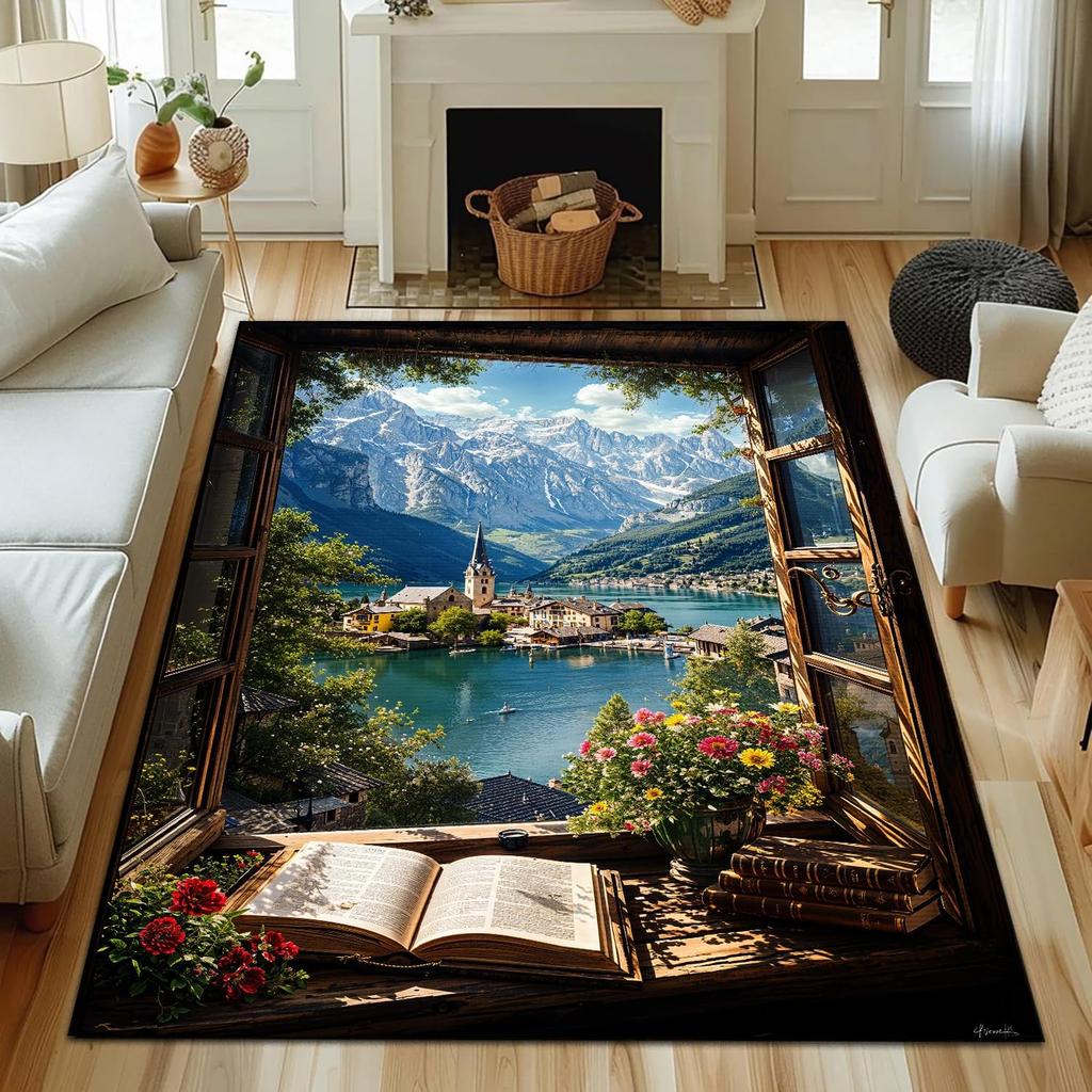 3D Window Jingshan Lake High Mountain Town Snow Mountain Carpet Mat Anti Slip Durable Soft Carpet Home Living RoomDecoration Rug