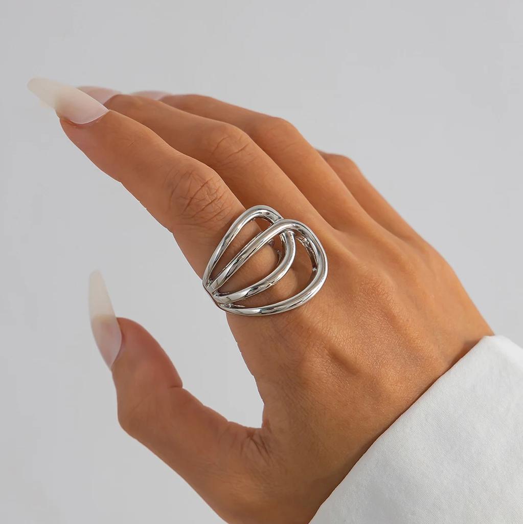 Punk Irregular Metal Line Rings for Women Men Gold Copper Color Geometric Hollow Circular Adjustable Finger Knuckle Ring Zircon