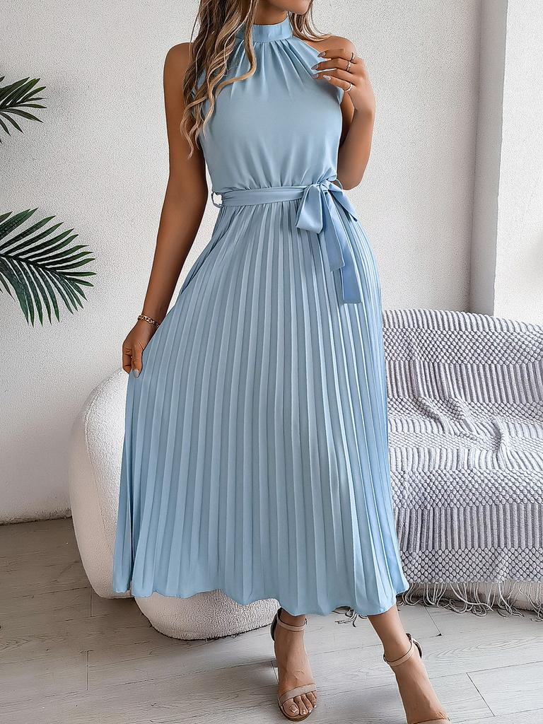 Women Elegant Stand Collar Sleeveless High Waist Pleated Solid Color Long Dress