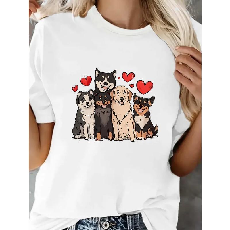 

Европейские размеры Женская повседневная футболка с коротким рукавом, модным круглым вырезом и принтом с щенком ко Дню святого Валентина. S белый