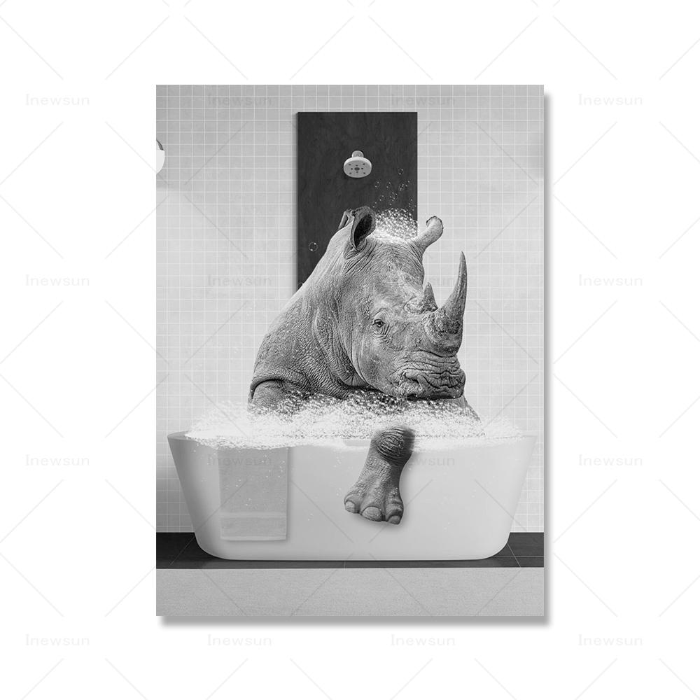 

Причудливые животные для ванной комнаты, черно-белые настенные художественные фотографии, забавные принты носорога, винтажные абстрактные детские картинки для туалета, домашний декор 21x30cm No Framed