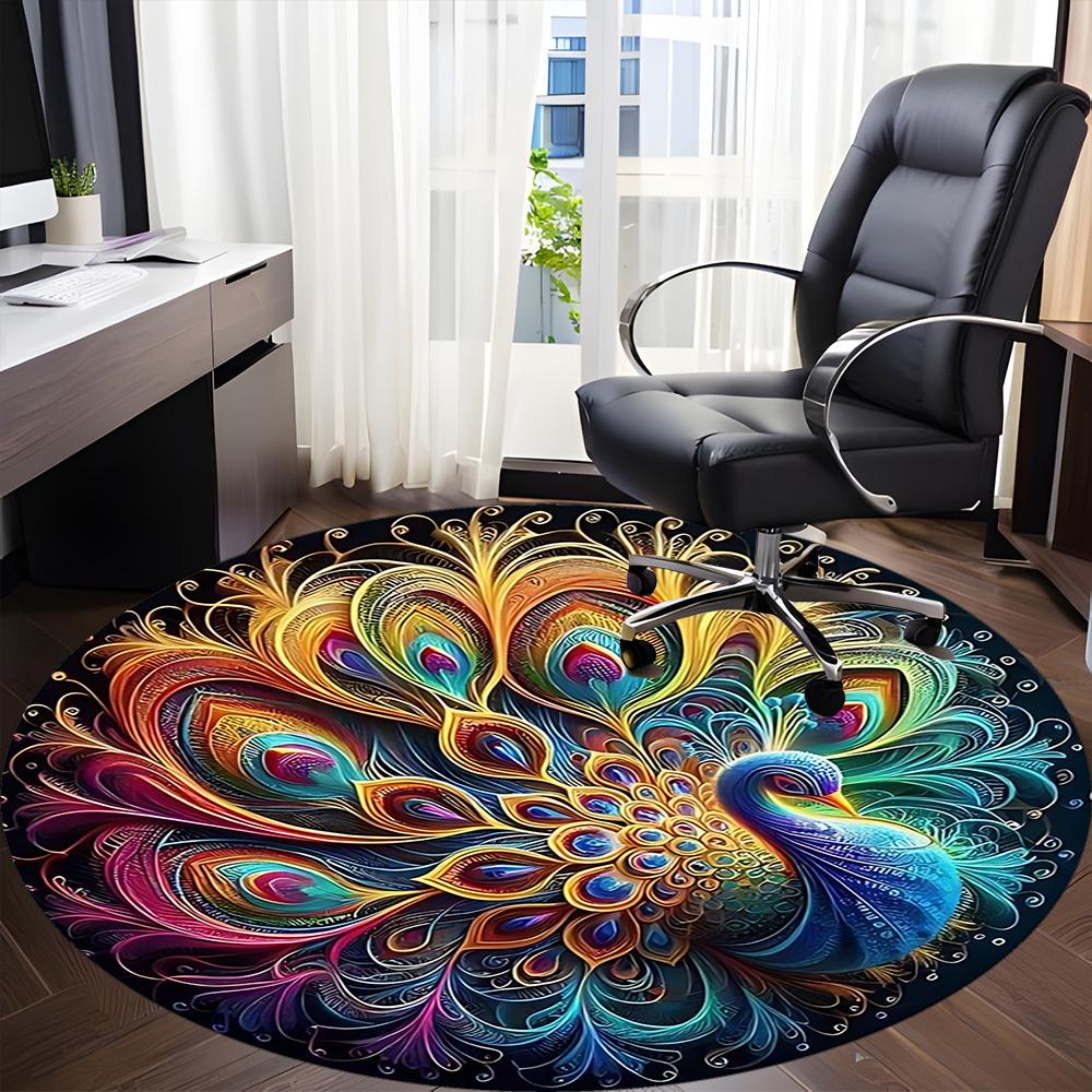 1PC Peacock Feather Mandala Office Round Rug, Non slip, Soft and Durable Office Rug for Interior Decoration, Perfect for Office
