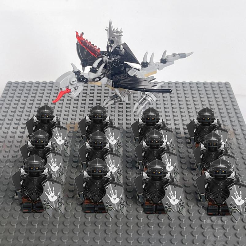 14pcs MOC Medieval Dwarf Warrior Elves Knights LotR Uruk-hai Orc Rohan Soldier with Witch King Leader Figure Building Block Toys