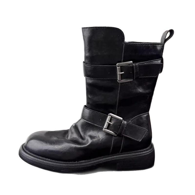 Sheepskin version retro belt buckle Martin boots women's medium boots thick heel locomotive thin boots stack boots knight boots