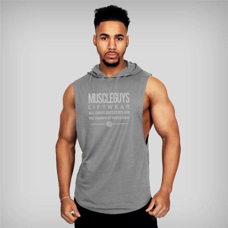 Muscleguys Muscleguys Brand Summer Mens Letters Print Gym Stringer Hooded Vest Bodybuilding Clothing Fitness Sleeveless Tank Tops Men