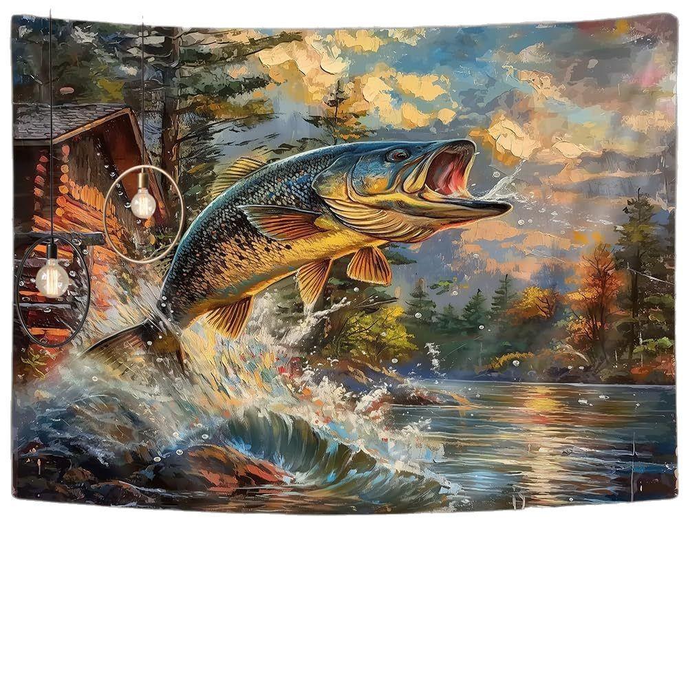 Arazzo da Parete Trota Saltellante Scena di Pesca e Design Lago Autunnale Arredamento Casa Boho Stampa Artistica Natura Tema Esterno Articolo di Moda