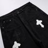 Black Washed Wide Leg Denim Pants With Contrast Cross Patch Embroidery Unisex Streetwear