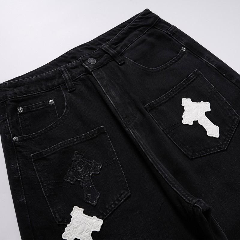 Black Washed Wide Leg Denim Pants With Contrast Cross Patch Embroidery Unisex Streetwear