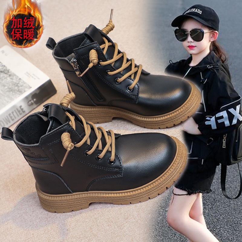 Children's Martin Boots Girls' Black Leather Boots 2025 New Girls' Single Boots Boys' Short Boots Autumn and Winter Velvet Cotton Boots Tide