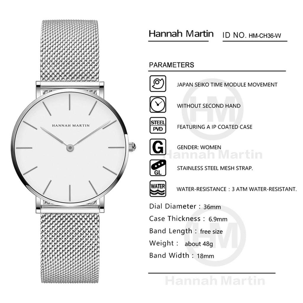 Hannah Martin Watch Stylish Classic Simple Watch Business Quartz Waterproof Watch Silver Problem Women's Women's Description