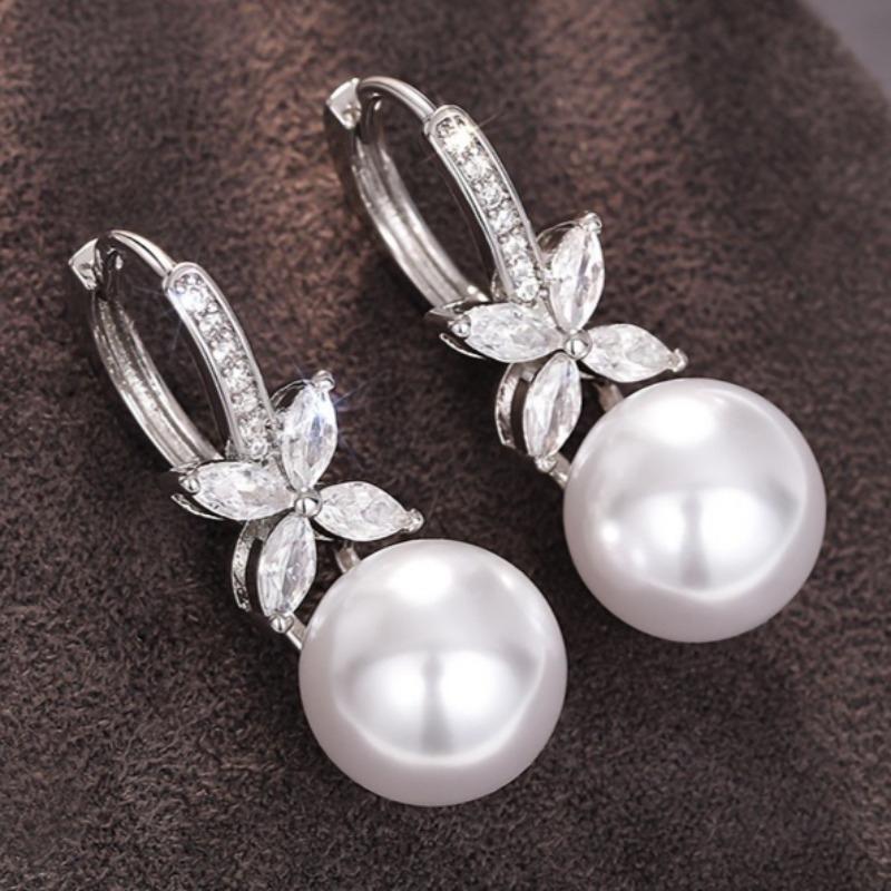 Drop Earrings for Wedding Women Simulated Pearl Pendant Accessories with Bright Zirconia Luxury Graceful Jewelry
