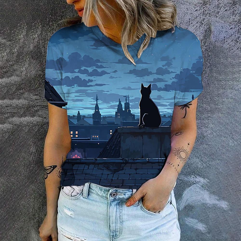 

Летняя модная тенденция, простая женская футболка с короткими рукавами и принтом кота, новинка 2024 года, качественная свободная повседневная футболка с круглым вырезом 8XL