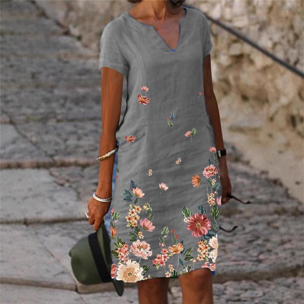 Floral Print Cotton Linen V-Neck Midi Dress, S-5XL, Short Sleeve, 2023 Collection