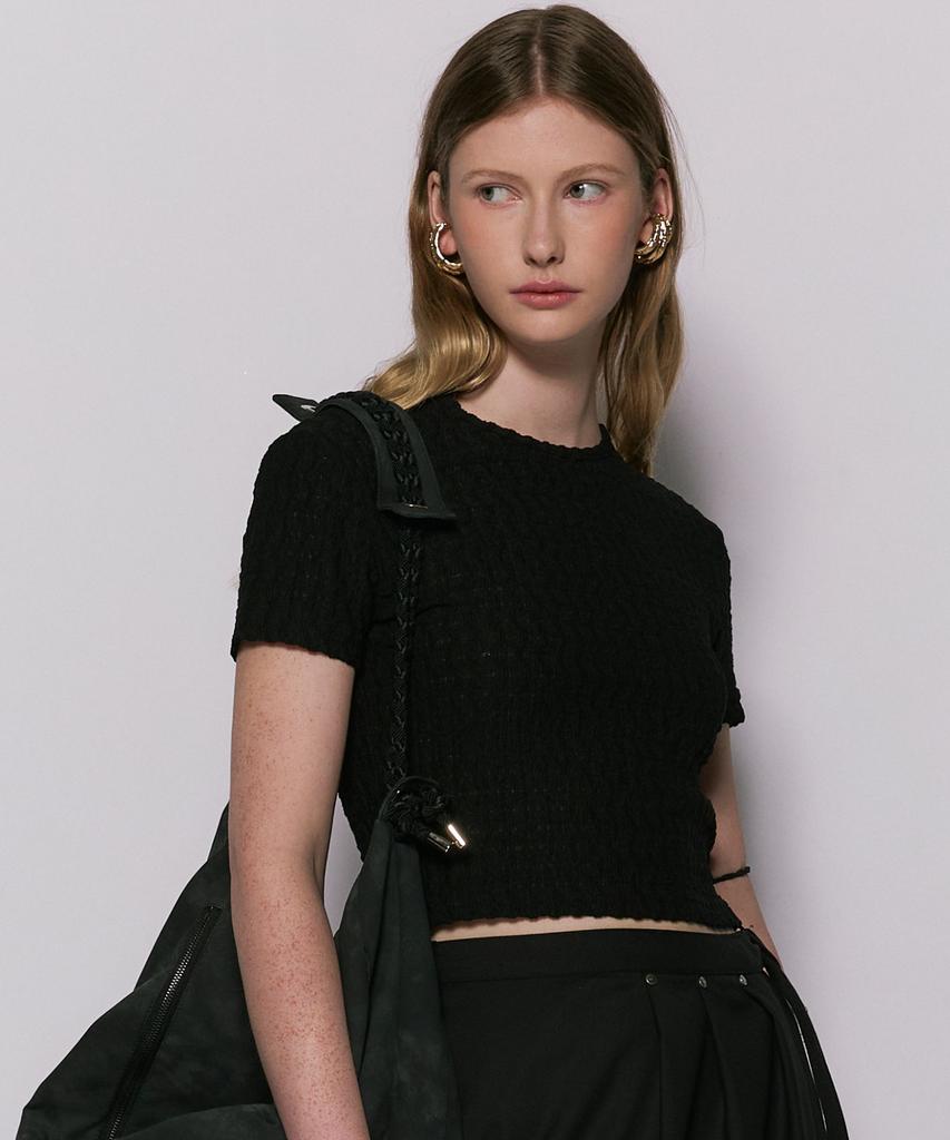 Weseullihyuseuteon Suede String Side Detail Crop Knit Black