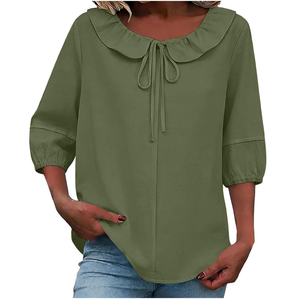 Women's Fashionable Color 3/4 Sleeve Shirt Cute Collar Summer Casual Shirt Loose Top