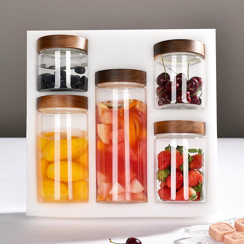 Acacia Wood Lid Glass Storage Jar Set Spiral Mouth Pearl Cotton 5-piece Set