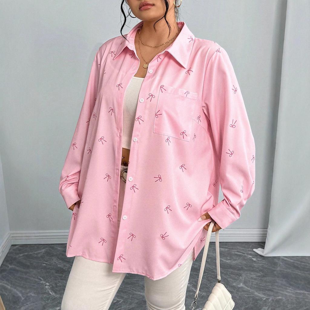 New Large-sized Women's Shirt Jacket Autumn Loose Bow Print Long-sleeved Casual Shirt
