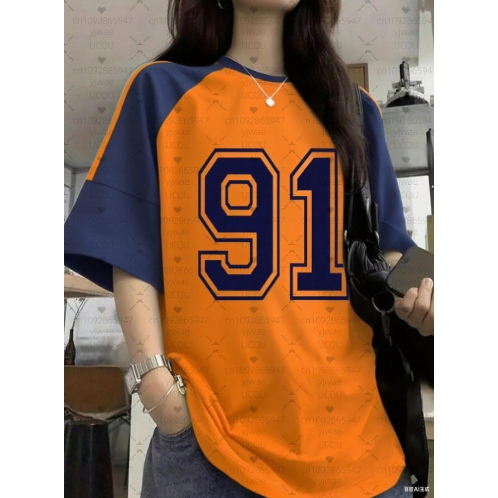 Letter and digital print women's T-shirt, girls' top, creative color-blocked round neck T-shirt, loose casual wear.