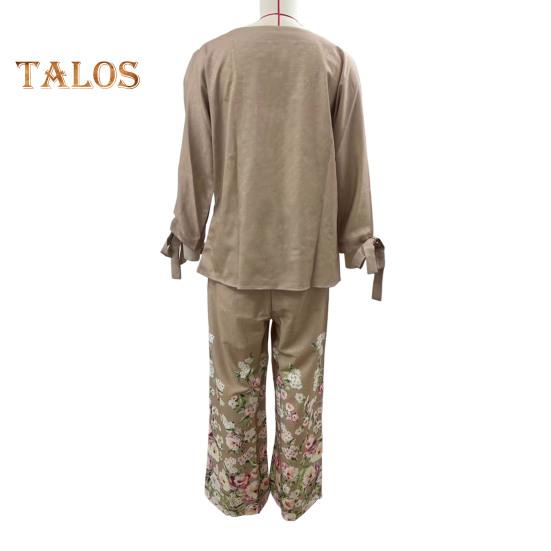 2 Pcs/Set Women Top Pants Set One Shoulder Slant Neck Three-quarter Sleeve Lace-up Cuff Blouse Flower Print Stretchy High Waist Wide Leg Trousers