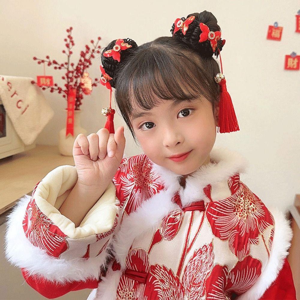 Flower Bow Wig Braid Hair Rope Red Ancient Style Scrunchines Children Hanfu Hair Ring  Baby