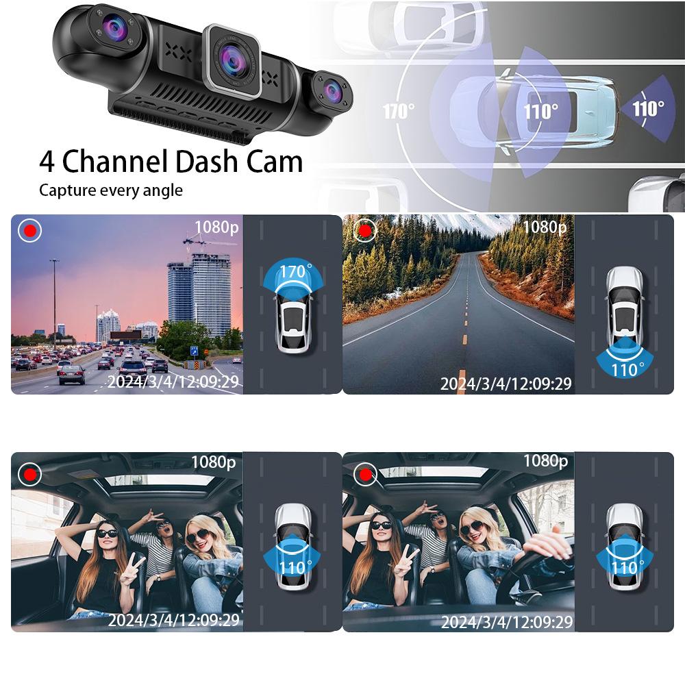 4-Channel 1080P Dash Cam - 4-Screen Display, GPS, Night Vision, 170° Wide Angle, WiFi, Phone Sync, Rear View Included