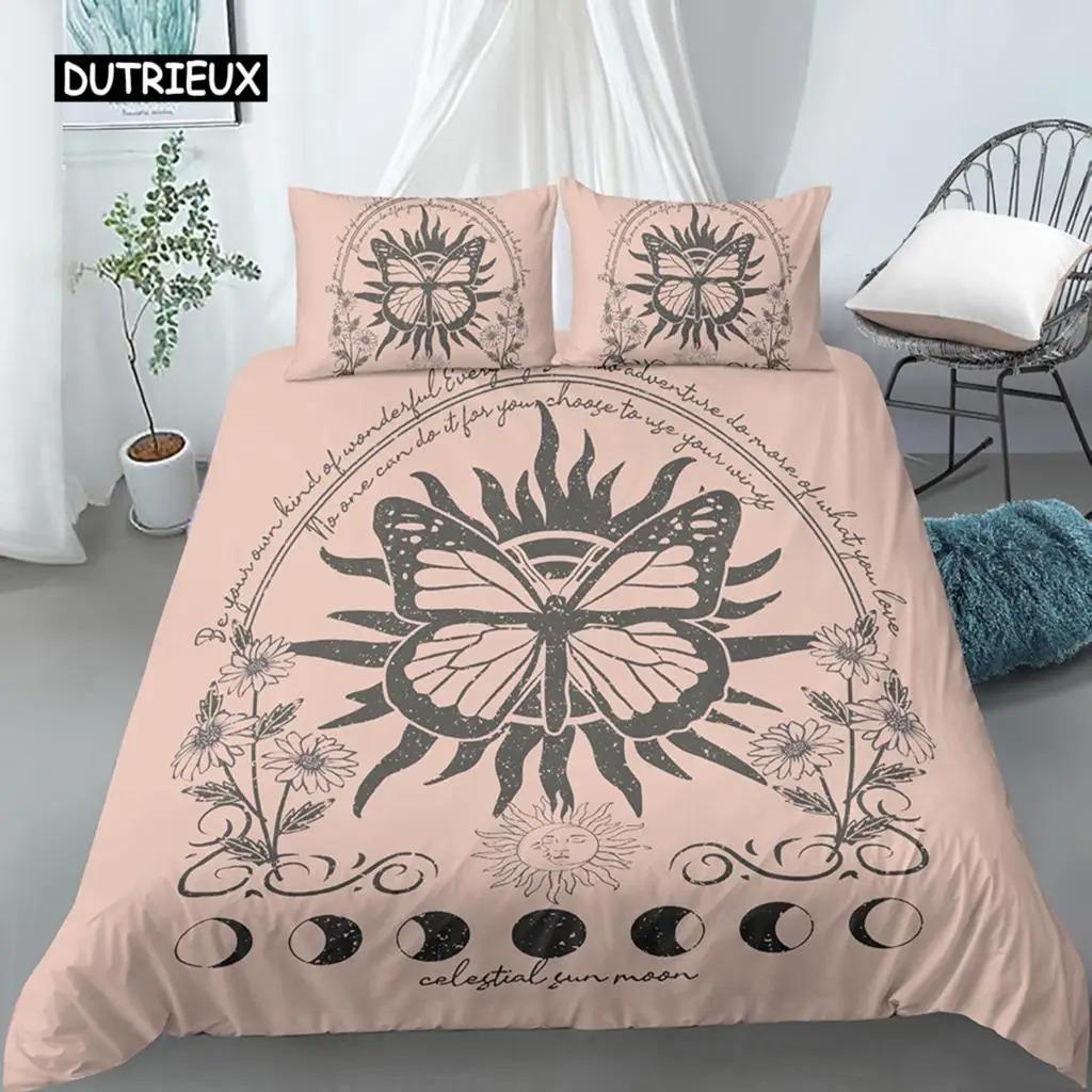Boho Butterfly Duvet Cover Set Sun and Moon Hippie Soft King Queen Size Bedding Set with Pillow Case 23pcs Soft Quilt Cover