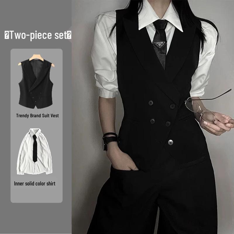 

Унісекс Висококласний Чорний Приталений Костюмний Жилет з Лацканами з Вирізом на Весну та Осінь L