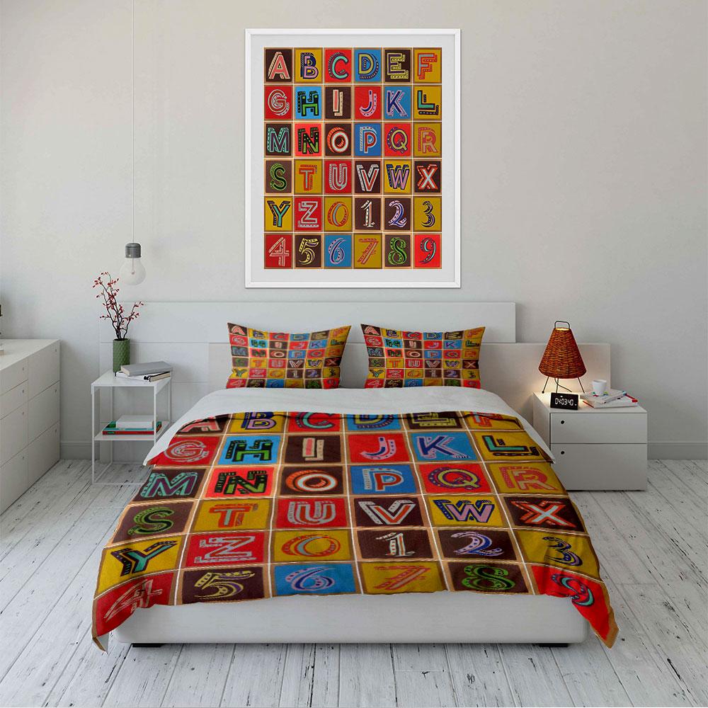 Colorful Alphabet and Numbers Pattern Bedding Duvet Cover Set (1*Duvet Cover 2*Pillowcases, Without Duvet Insert)