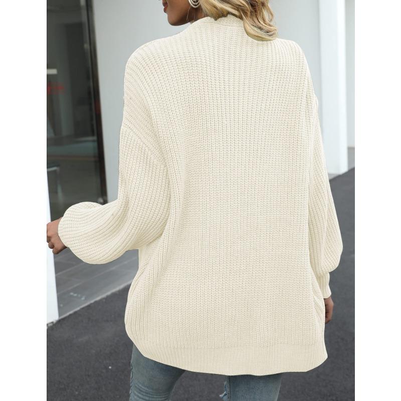 Womens Loose Long Lantern Sleeve Thick Solid Knit Cardigan Sweater Coat With Pockets