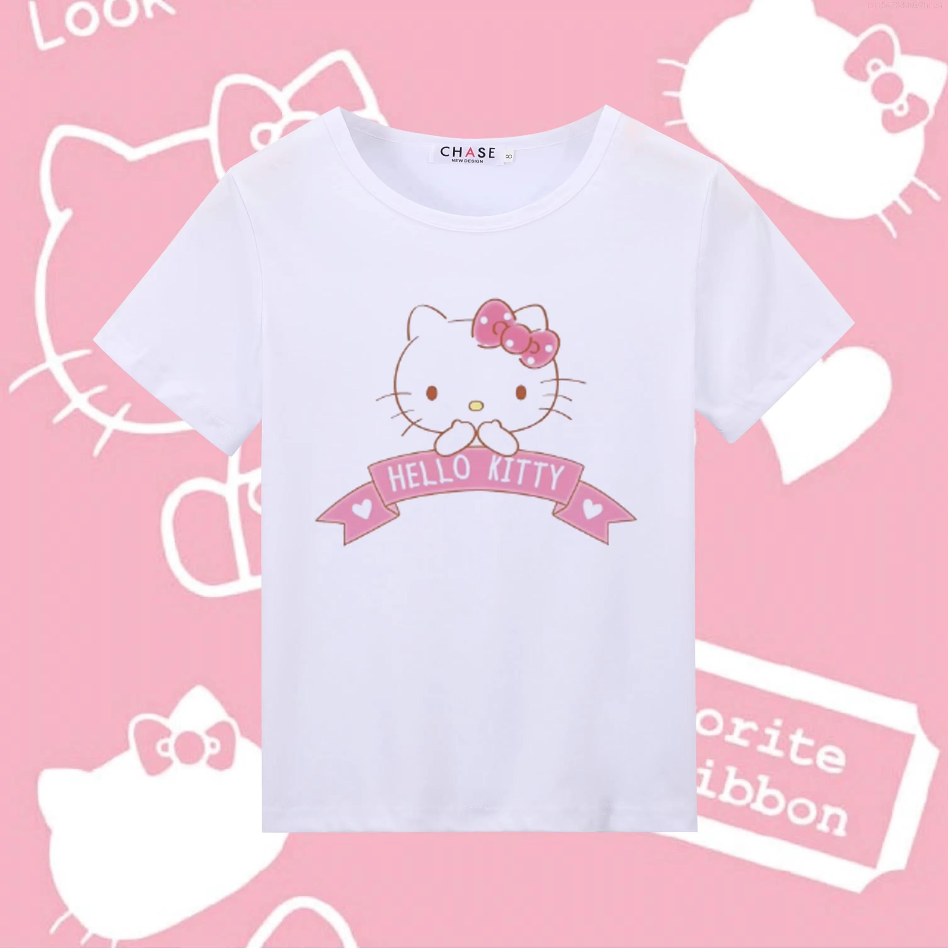 

2026 Summer HelloKitty Cartoon Graphic Tee Casual Short Sleeve Cotton Tops for Adults Kids Lovely Kawaii Streetwear Style S