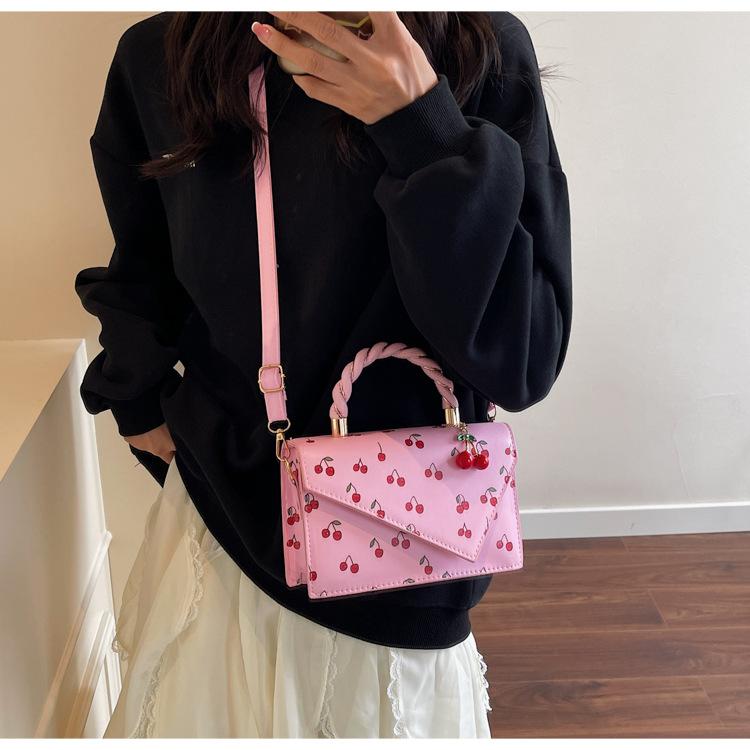 Borsa a tracolla quadrata in ecopelle con stampa ciliegie per donna, borsa a spalla carina