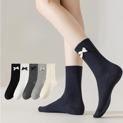 Damen Herbst Schleife Ballett Stil Einfarbig Vertikaler Streifen Mittellang Baumwollsocken