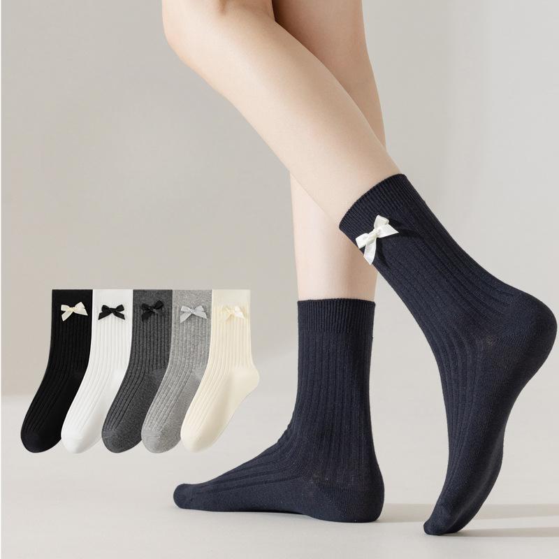 Ladies Fall Bow Ballet Style Solid Color Vertical Stripe Mid Tube Cotton Socks