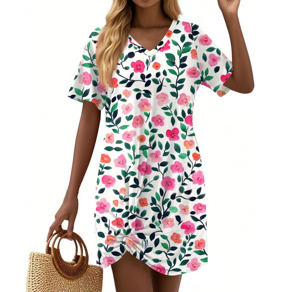 Women's Summer Casual Floral Printed Hem Knotted Short Sleeve Dresses