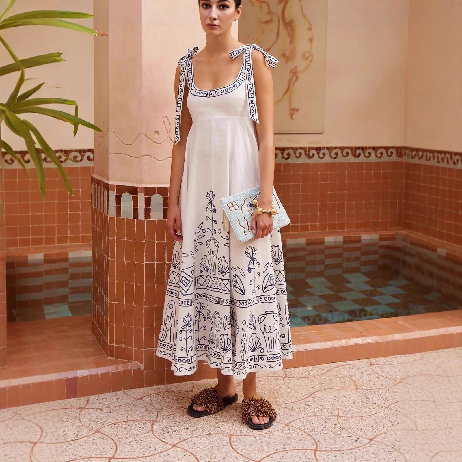 2025 Cross-Border Linen Print Lace-Up Casual Fashion Dress S