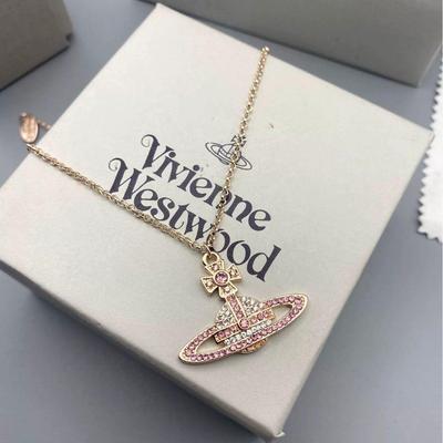 Empress Dowager High-Quality Pink Diamond Silver Necklace with Saturn Chain