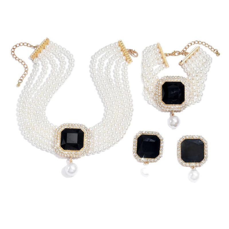 Retro color full diamond bracelet three-piece set light luxury high-end imitation pearl necklace jewelry women