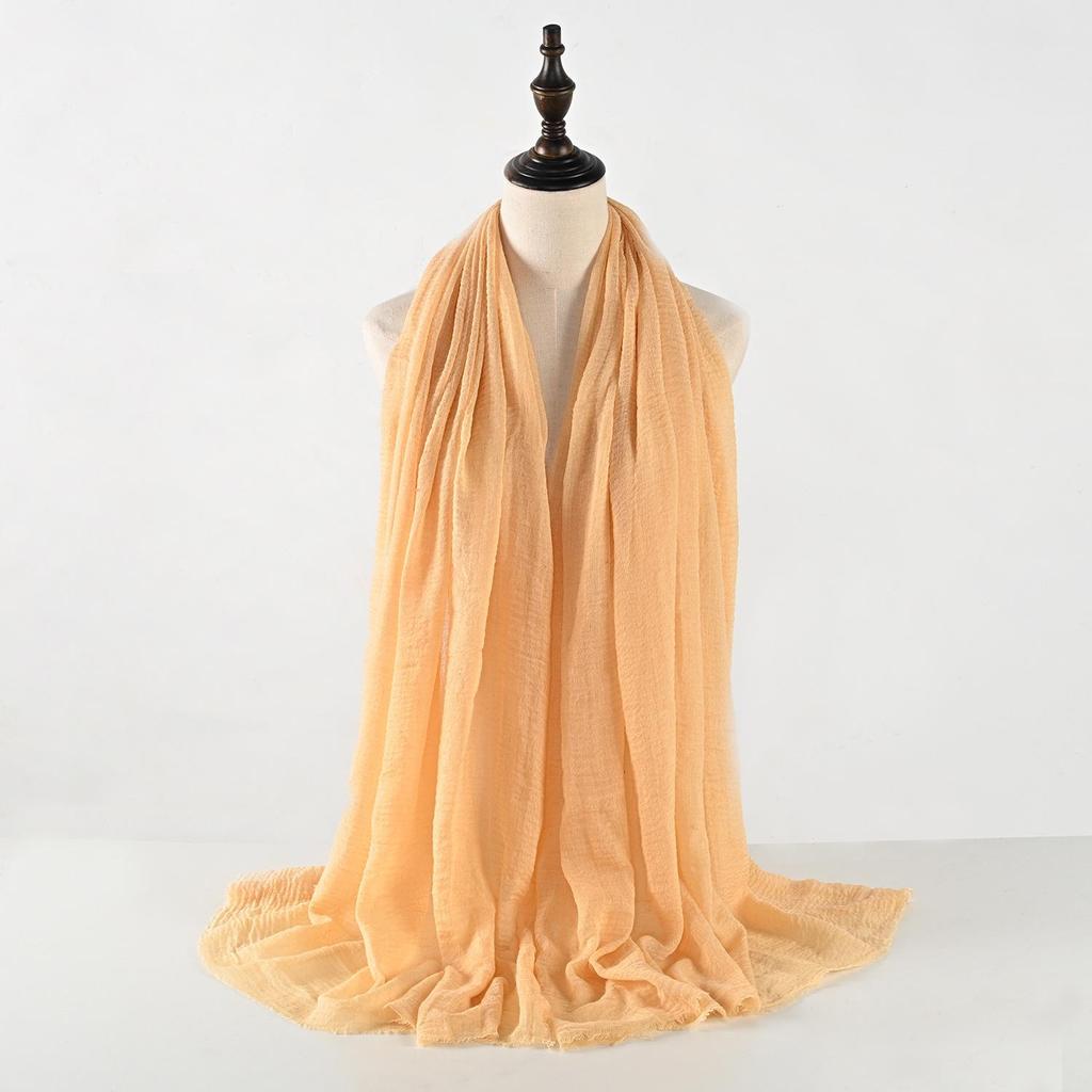 Crinkled Cotton-Linen Blend Scarf with Fringe - Solid Color, 90x180cm, Women's Headscarf