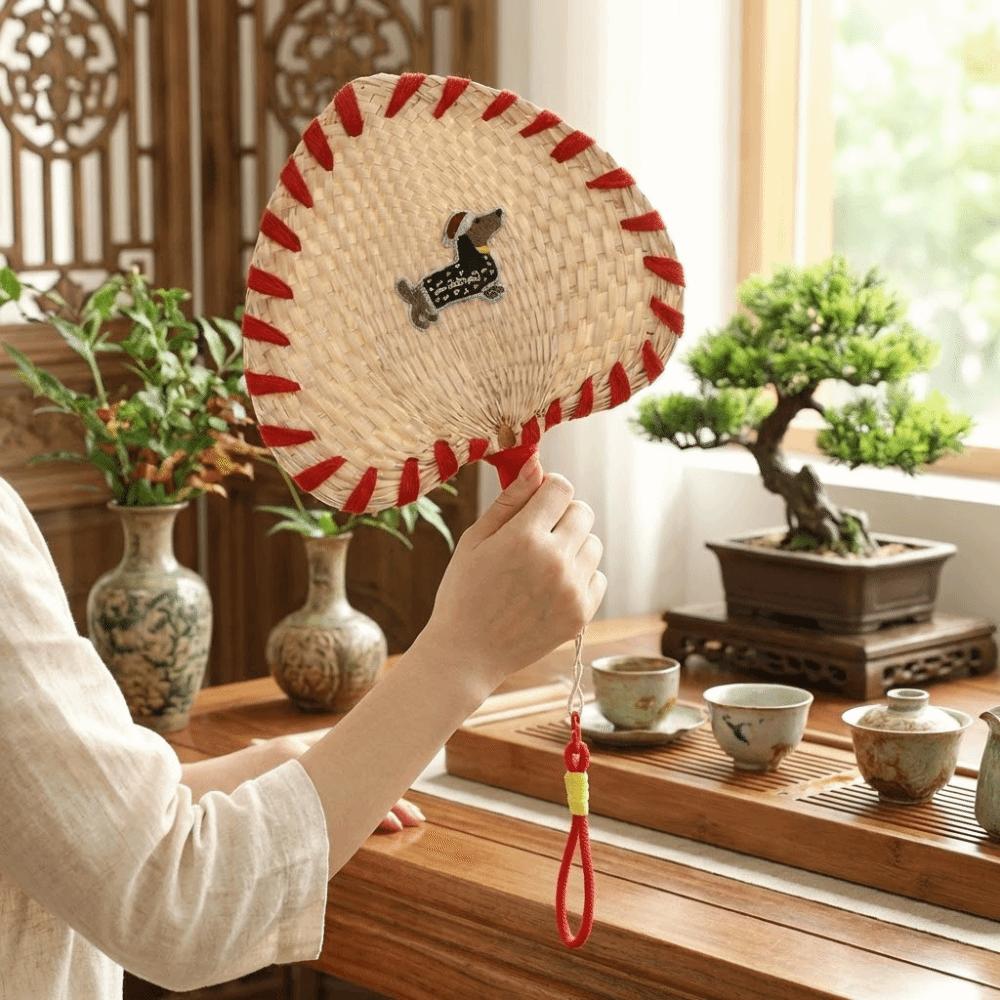 Cute Handmade Straw Woven Fan Animal Pattern Cartoon Hand-Cranked Fan Hanging Embroidered Patches Decorative Fan Photography