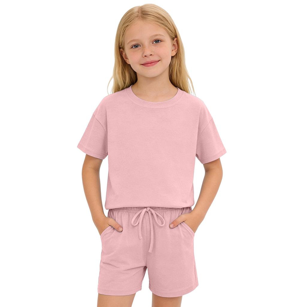 Kids Solid Color Shorts Set Drawstring Waist Pockets Crew Neck T-Shirt Casual Summer Outfit for Boys and Girls