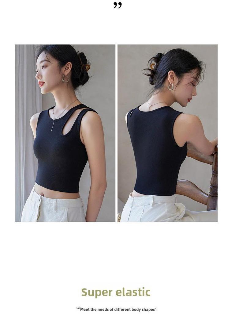 Women's Black Camisole Vest with Chest Pads - Summer Short Chic Bra Top