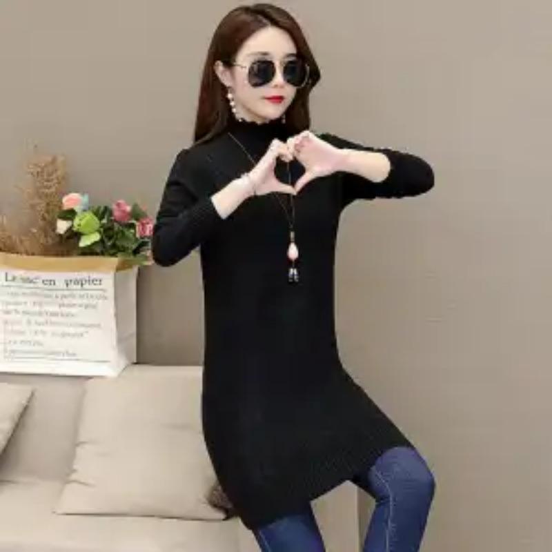 Velvet Thickened Autumn Winter New Mid-length Half-turtleneck Sweater Women Korean Long-sleeved Knitted Bottoming Shirt Top