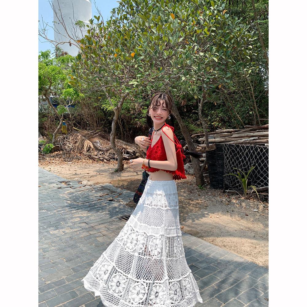 Summer Lace Flower Beach Skirts Women A Line Maxi Skirt Long Flowy Skirt Beach Outfits
