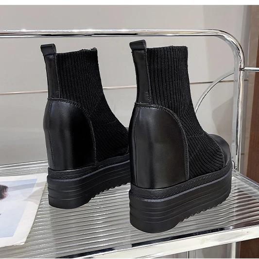 2024 New Autumn Winter Thick Sole Women Boot Fashion Round Head Front Zipper Platform High Heels Women's Leather Ankle Boots