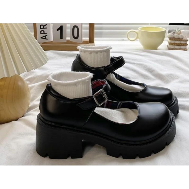 

Women s Spring/Summer Height-Boosting Chunky-Heeled Mary Jane Flats Student Retro British Style PU Leather Shoes 43
