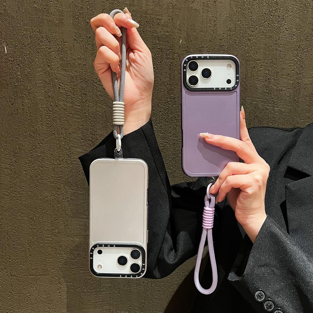 For iPhone 17 Pro Case Black Lens Frame Metal Paint Finish PC + TPU Phone Back Cover with Wrist Strap