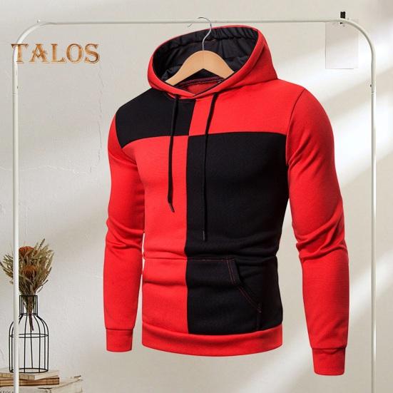 Men Fall Winter Hoodie Colorblock Drawstring Long Sleeves Big Pocket Hooded Retro Thin Loose School Daily Wear Casual Sport Top