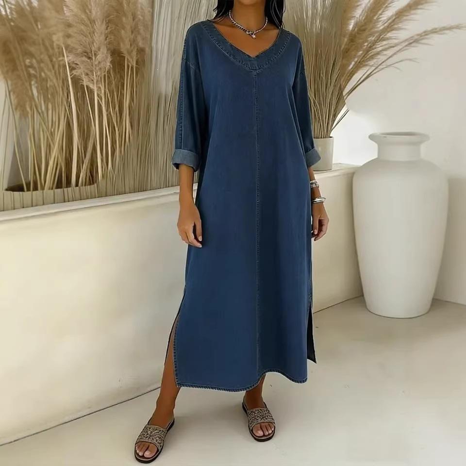 Spring/Summer New Style Solid-color V-neck Long-sleeved Loose-fitting Skirt with Slits