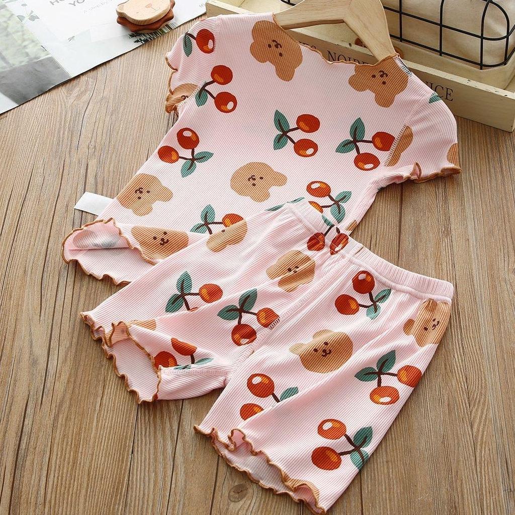 Girls' Summer Ice Silk Pajama Set - Short Sleeve & Pants, Thin Style, for Toddlers, Babies, and Children, Ideal Casual Home Wear.